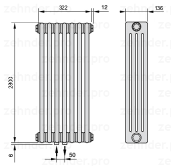 Схема (чертеж) Радиатор Zehnder Charleston 4280/7 №3470 Белый глянцевый RAL 9016